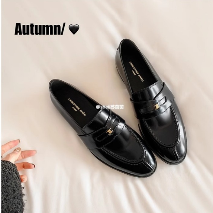 现货秒发！时尚百搭新款凯旋门金扣粗跟一脚蹬懒人乐福鞋女小皮鞋