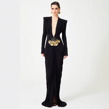 2025跨境外贸新品亚马逊热卖黑色连衣裙长袖深V珠绣装饰派对礼服