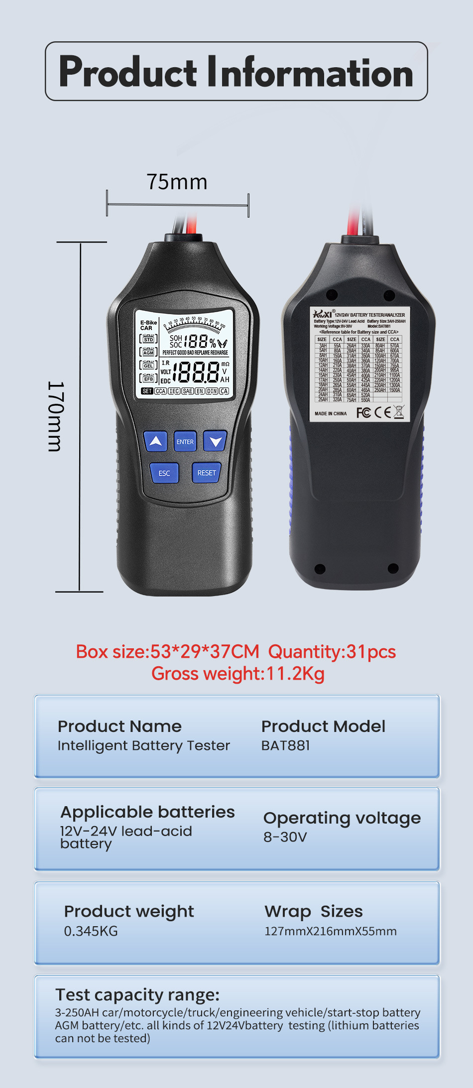 Intelligent Battery Tester High-Precision 12V24V Battery Tester Battery Car Oil Car Lead-Acid Battery Test