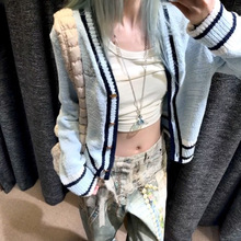 VIVI西太后土星撞色V领针织开衫宽松软糯毛衣外套女秋冬一件代发