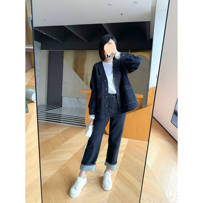 寬鬆時尚領牛仔外套高腰顯瘦牛仔褲時尚兩件套春秋新款輕奢套裝