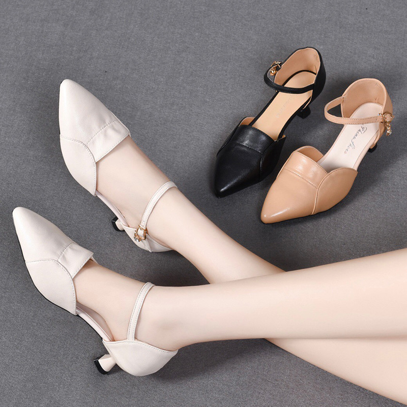 Xăng đan nữ mũi nhọn da thật quai ngang gót nhỏ 3 cm — Gót đen cao 3 cm