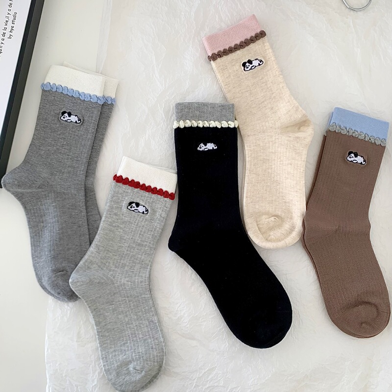 Looking for Friends, Puppy Embroidered Mid-Tube Contrasting Color Bubble Edge Autumn and Winter Cute Women's Socks Looking for Friends, Puppy Embroidered Mid-Tube Contrasting Color Bubble Edge Autumn and Winter Cute Women's Socks