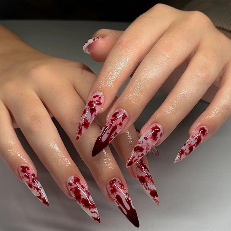European and American Halloween Popular Wearable Nails Blood Element Long Pointed Nails French Fake Nails Wholesale Factory Direct Delivery