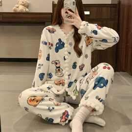 冬季新款V领法兰绒开衫套装卡通可外穿少女睡衣家居服批发跨境专