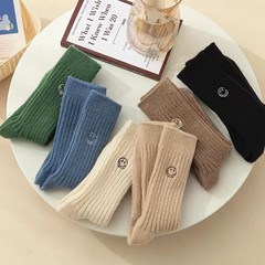 Autumn and winter new wool socks for men and women, Korean version, hot stamping, smiley face embroidery, mid-calf pure cotton socks, ins, versatile and warm