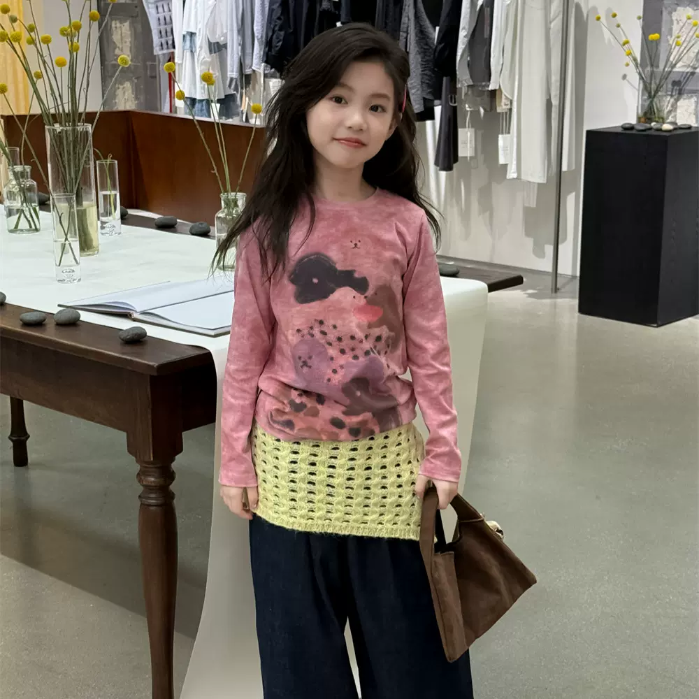 花与寻童装女童长袖衫2025秋季新款韩版水印卡通T恤中大童百搭潮