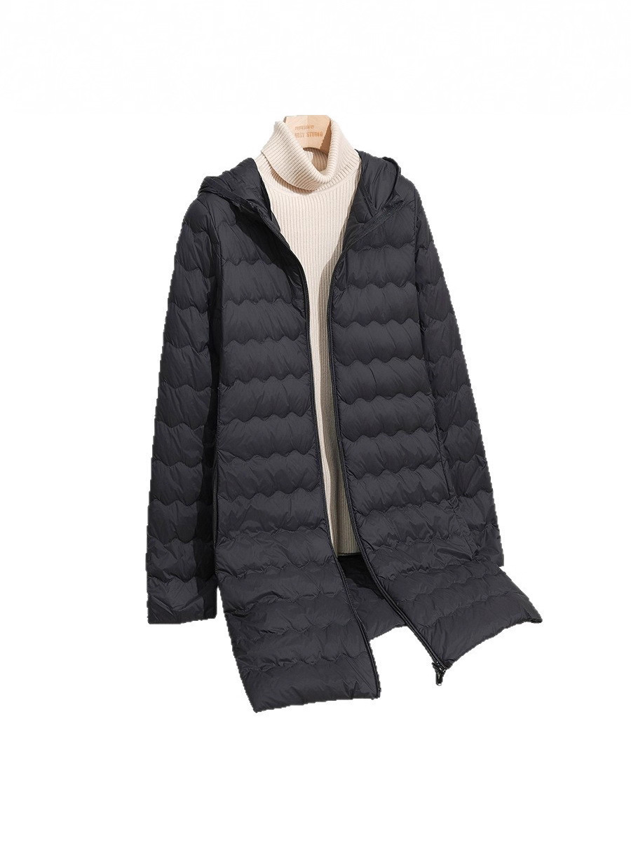 2025 otoño y invierno nueva moda encapuchada onda media y larga chaqueta de pluma ligera y delgada chaqueta con cremallera de mujer caliente marea