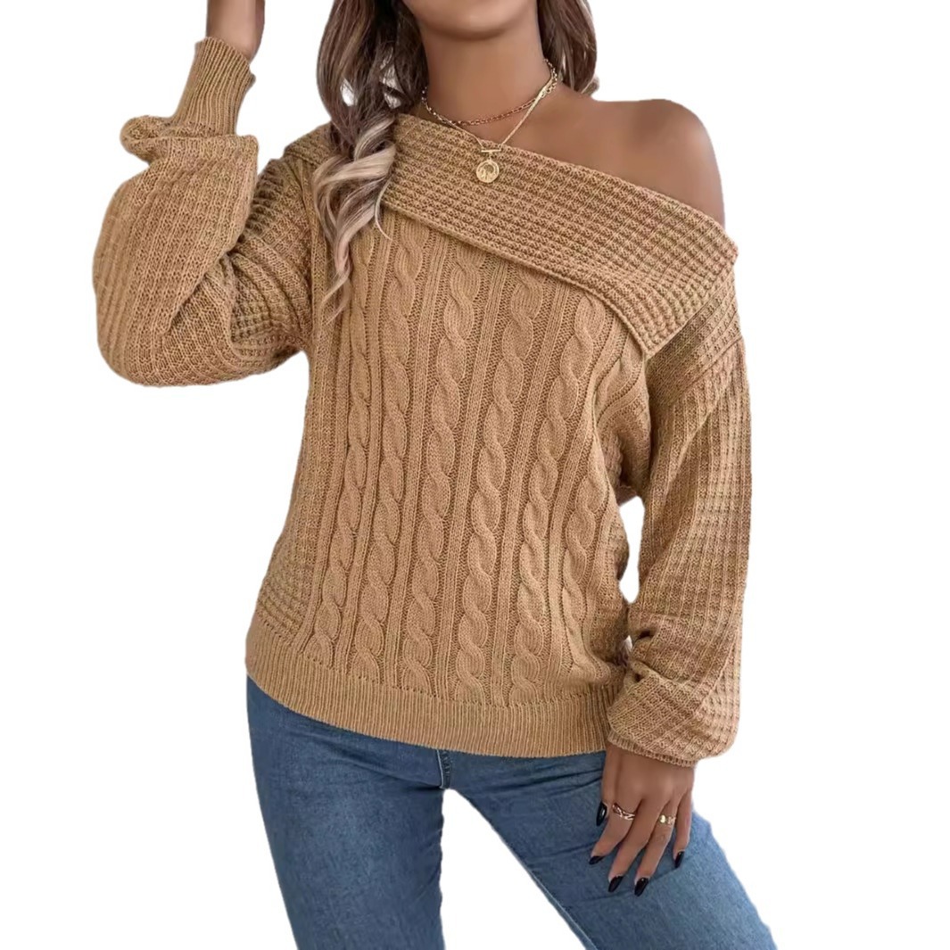 Women's Clothing casual sexy lapel off shoulder twist long sleeved pullover sweater _voghion.com