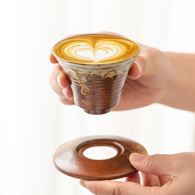Rustic Ceramic Espresso Cup and Saucer Set with a Unique Design, Vintage Ceramic Latte Art Cup, Mid-Century Style Afternoon Tea Cup Rustic Ceramic Espresso Cup and Saucer Set with a Unique Design, Vintage Ceramic Latte Art Cup, Mid-Century Style Afternoon Tea Cup