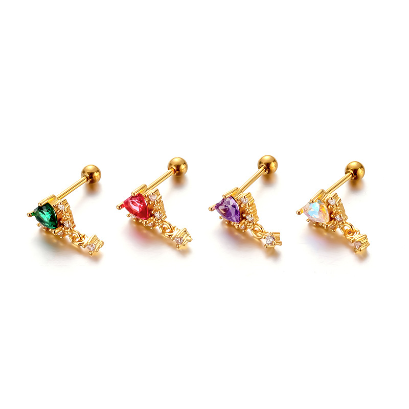 Glam Style 316L Stainless Steel Copper Zircon Ear Cartilage Rings & Studs Heart Shape Waterproof Non Tarnish Surgical Steel Women'S