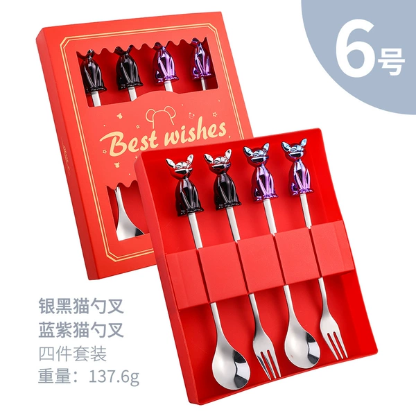 (Silver Black/Blue Purple) Egyptian Cat Spoon and Fork-Silver 4PCS Color Box