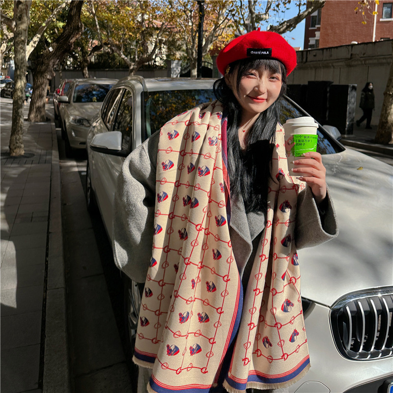 New plaid printed scarf women's winter ins retro versatile thick warm long shawl student dual-use scarf