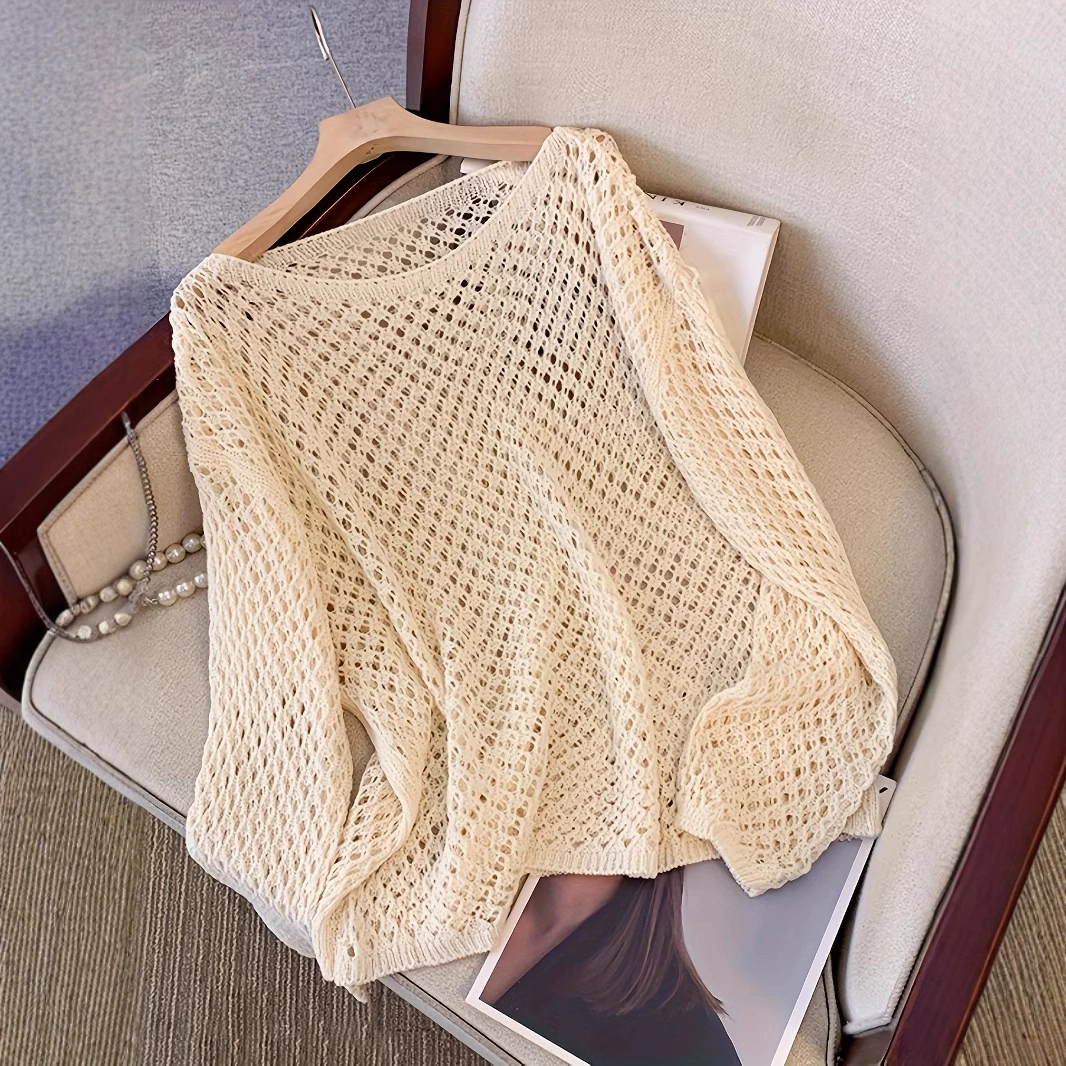 Женская трикотажная блузка с длинным рукавом абрикосового цвета с вырезами, для весны и осени, свободный крой в стиле casual с круглым вырезом, для трансграничной торговли на Amazon.