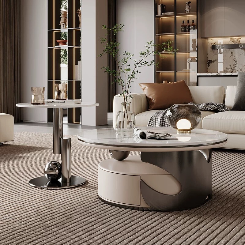 Italian Light Luxury Round Slate Coffee Table Living Room Home Modern Simple Small Apartment High-End Designer Coffee Table Combination
