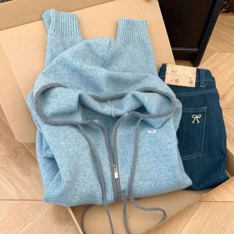 [Cashmere Family] Women's Cardigan Jacket with Hood, Double Zipper Sweater, Stylish Knitwear, Thickened Outerwear for Autumn