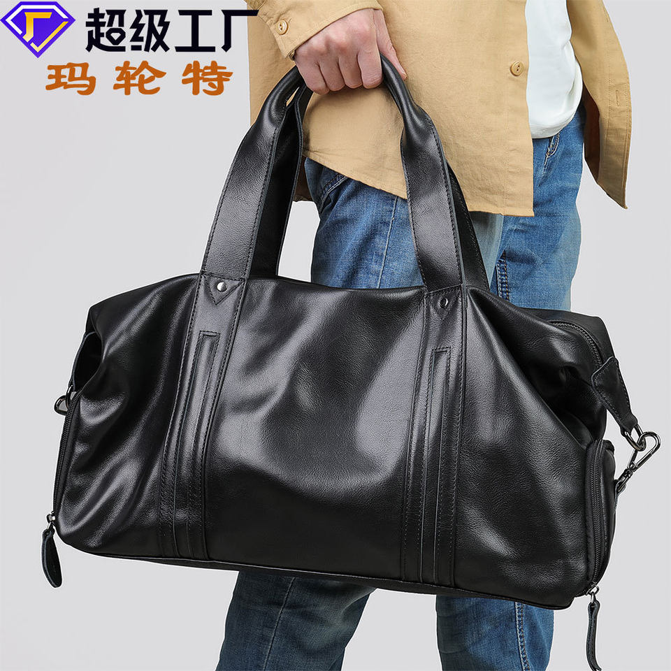 Túi du lịch nam da bò lớp đầu Malute dung tích lớn 20–35L, túi tập gym kiêm túi hành lý đi công tác ngắn ngày có ngăn khô và ướt — Màu đen
