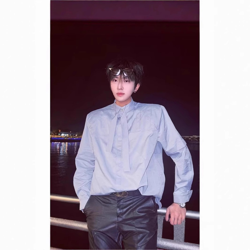 Boyish Shirt Men's Summer Handsome College Style Sunshine Boy Long-Sleeved Shirt Niche Pleated Ribbon