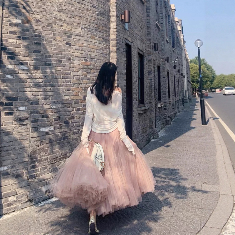 Madmanmomo Madman's Same Style Large Hem Mesh Splicing Tutu Skirt Nude Pink Skirt Long Umbrella Skirt Madmanmomo Madman's Same Style Large Hem Mesh Splicing Tutu Skirt Nude Pink Skirt Long Umbrella Skirt