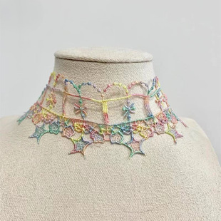 French Candy Color Braided Lace Necklace Retro Sweet Choker Dopamine Star Clavicle Chain Others