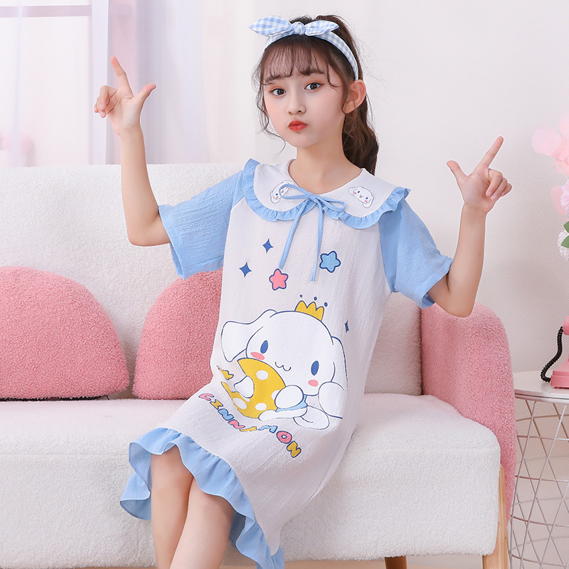 2023夏季新款儿童短袖泡泡皱布女童睡衣可爱卡通玉桂狗睡裙家居服