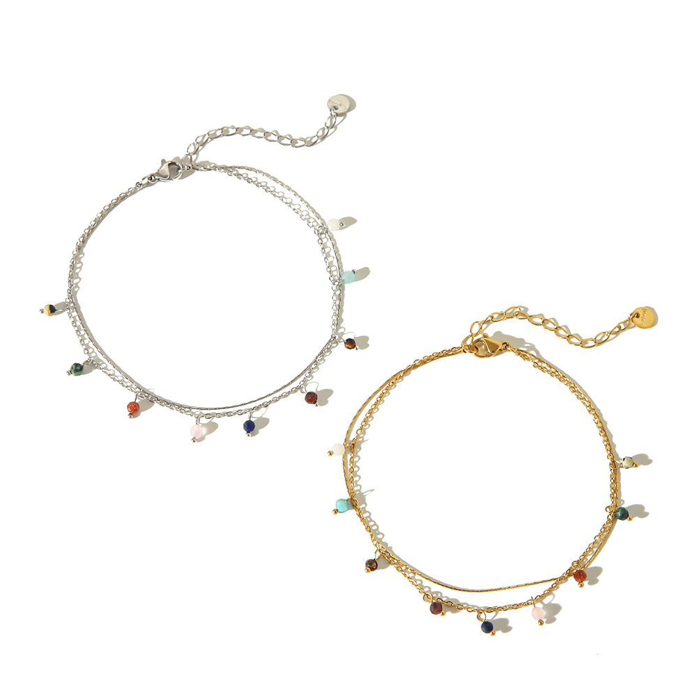Estilo bohemio nuevo color de acero de titanio colgante de borla de jade natural doble tobillera casual adorno de pie chapado 18K