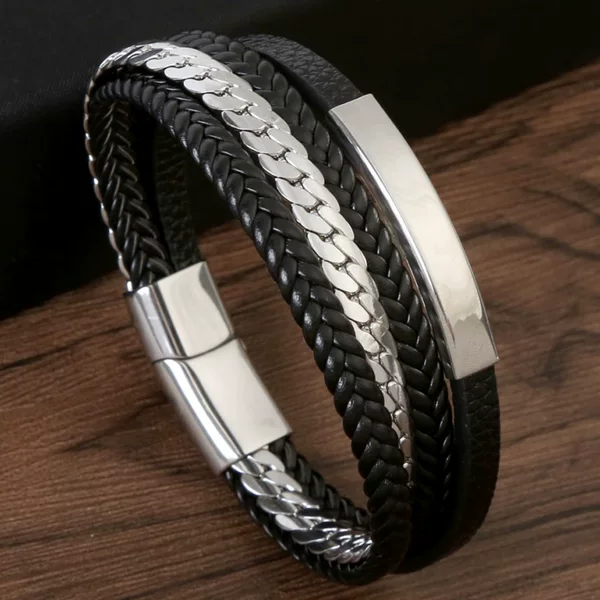 European and American creative multi-layer stainless steel leather bracelet men's leather rope woven simple hand rope bracelet jewelry factory