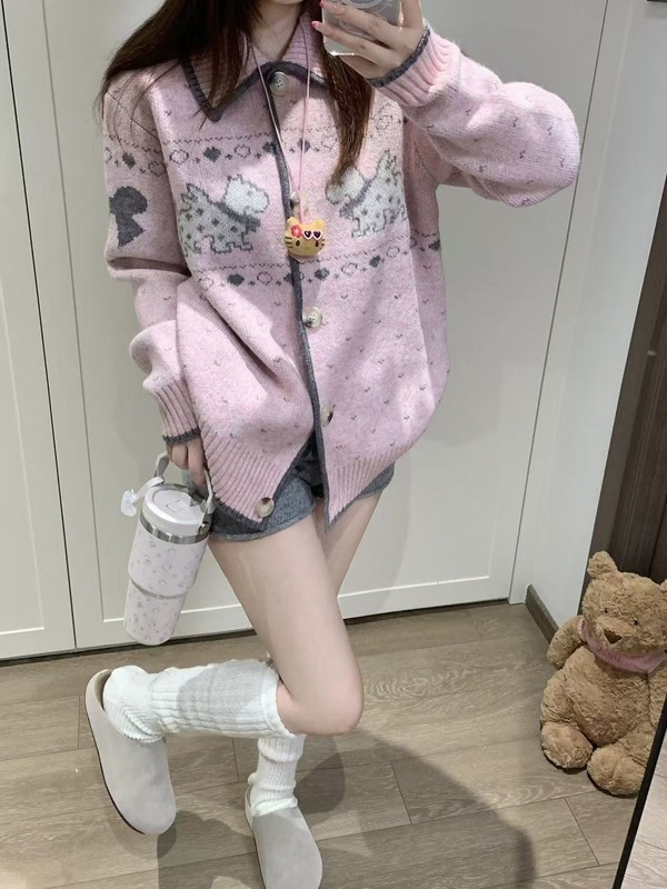 CHENQG/陈钱罐 慵懒风费尔岛小狗印花毛衣外套女软糯宽松针织开衫|undefined