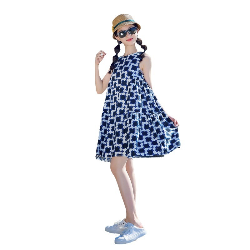 Vestido de las niñas de verano de algodón fino de moda estilo occidental falda de una línea de niños flojo lindo floral niña princesa vestido