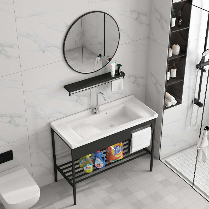 Armario negro de acero inoxidable de pie de piso lavabo balcón lavabo integrado de baño de cerámica con lavabo