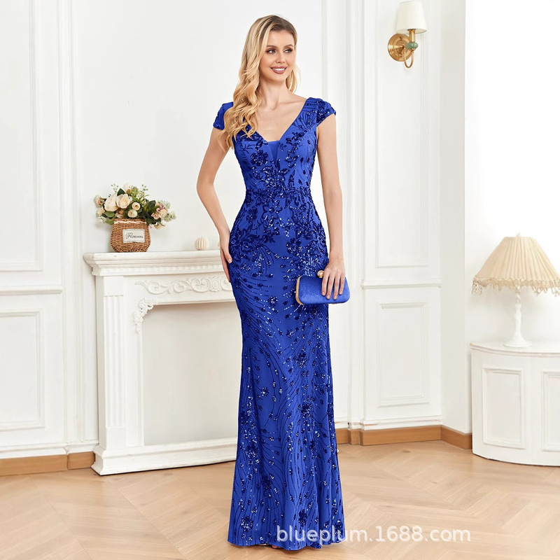 Cross-Border New Style European and American Sequined Blue Evening Dress, Elegant Slim-Fitting Fishtail Dress, Long Toast Party Dress