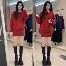 UNMUN时尚气质套装女2025早秋新款polo领拼接假两件宽松毛衣休闲