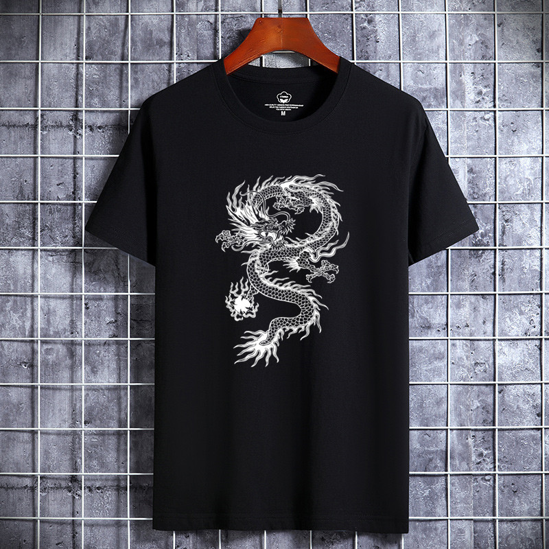 Summer new pure cotton men's short-sleeved T-shirt casual national fashion Chinese dragon half-sleeved plus size student top base