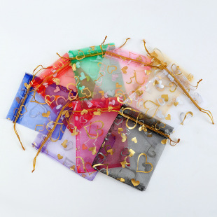 Wholesale In-Stock Gold-Stamped Rose Peach Heart Mesh Gift Packaging Organza Candy Drawstring Bags