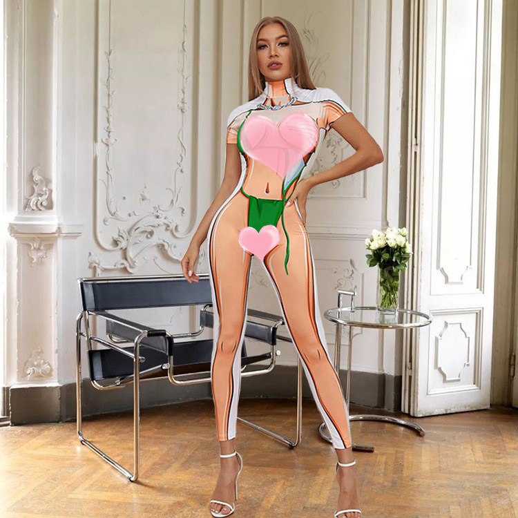 El Comercio exterior transfronterizo Amazon ropa de mujer de moda europea y americana 2023 verano nuevo color a juego impreso apretado mono deportivo