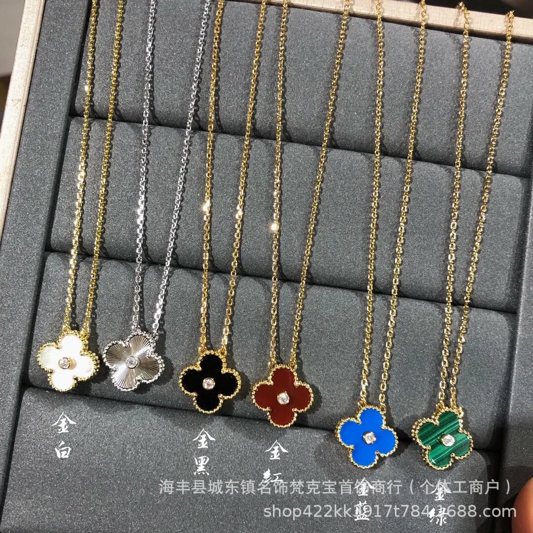 爆款时尚18k四叶草项链女幸运草单面贝母带钻吊坠高级感锁骨链