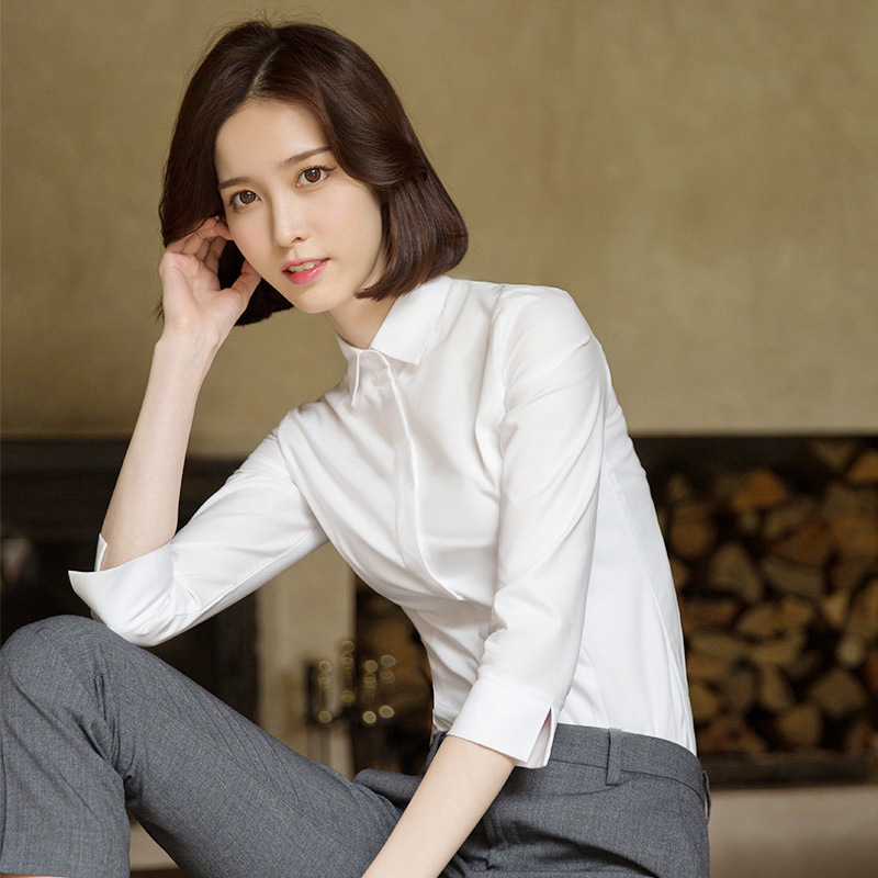 2025 White Three-Quarter Sleeve Shirt Women's Professional Formal Fit Interview Work Clothes Work Shirt Size Large Discount