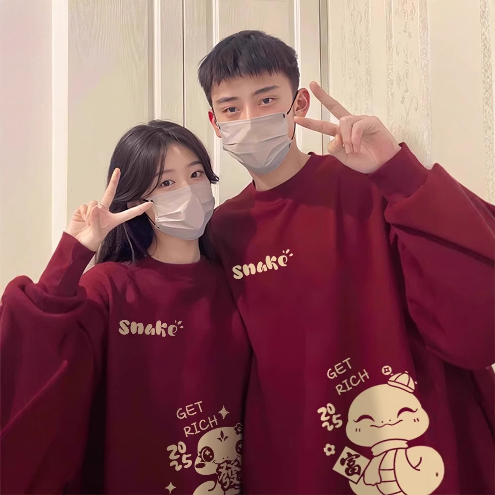 가을과 겨울 기모 크루 넥 스웨터 커플 의류 스네이크 레드 축제 의류 패션 브랜드 클래스 의류 기본 셔츠