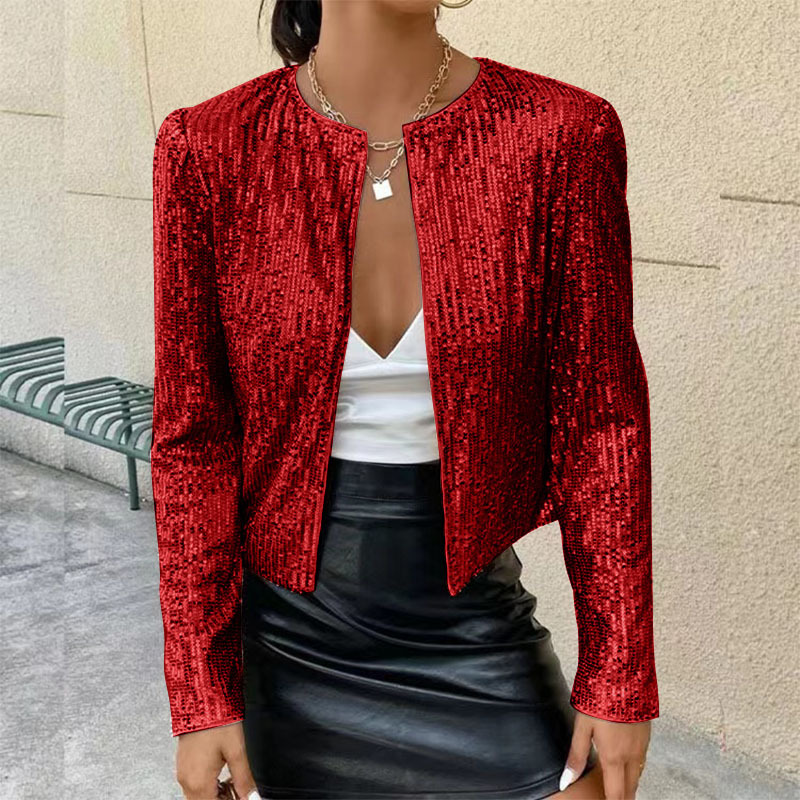 280g Weight Casual Jacket Outerwear Type Long Sleeve Sleeve Length Polyester Fabric Type Regular Top Length Coat Tops Type Holiday, Party Occasion Round Neck Neckline Slim Fit Type Solid Color Pattern Spring, Autumn Season Women's Gender Sequins Design Streetwear Style Women's Streetwear Solid Color Sequins Coat Casual Jacket 5