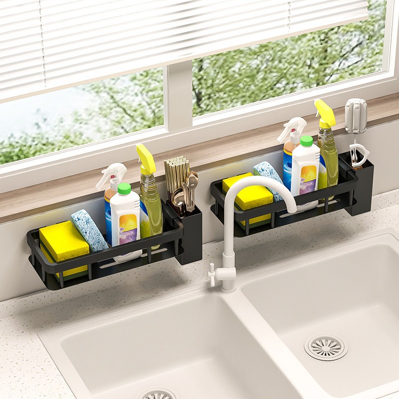 Rack de almacenamiento de esponja sin perforación para fregadero multifuncional tipo pared palillos tubo marco de toallitas marco de drenaje sin perforación para baño