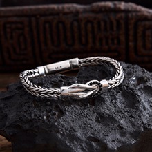 925纯银手链时尚休闲小众复古链结黑钻男士纯手工编织银手链手饰