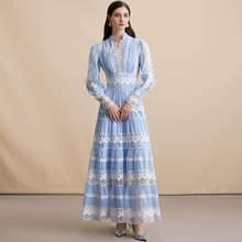 秋冬新款 法式长款连衣裙女拼接蕾丝边V领设计感灯笼袖修身裙子女