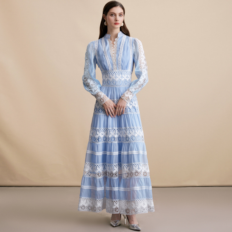 秋冬新款 法式长款连衣裙女拼接蕾丝边V领设计感灯笼袖修身裙子女