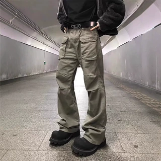 美式风多口袋褶皱工装牛仔裤男潮牌高街小众设计感休闲裤子