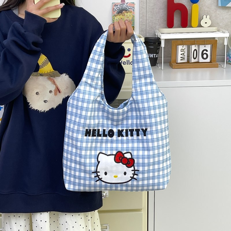 san福同款kitty手提包女可爱清新格子布大容量刺绣上班单肩腋下包