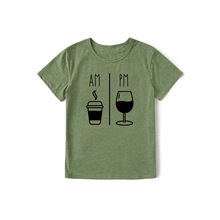 亚马逊跨境外贸AM PM字母圆领咖啡 红酒花女士短袖ebayT恤衫上衣