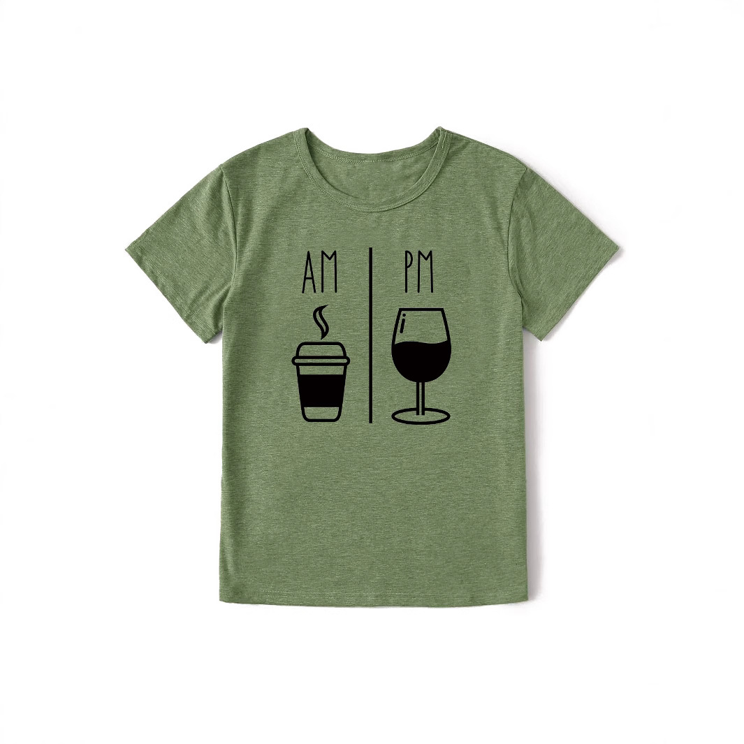 亚马逊跨境外贸AM PM字母圆领咖啡 红酒花女士短袖ebayT恤衫上衣