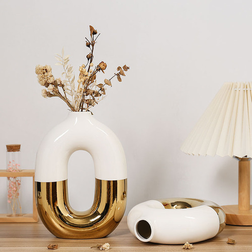 Luxury golden electroplated ceramic oval flower vase home craft art piece living room soft decoration 