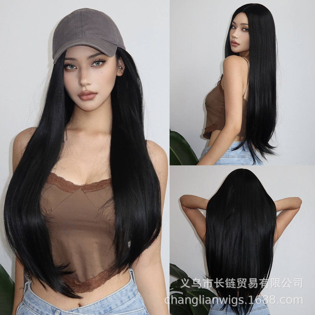 Luz transfronteriza Europa y América hasta la cintura peluca de pelo liso de longitud media negra cabeza entera seda doméstica femenina natural peluca Xuchang wigs