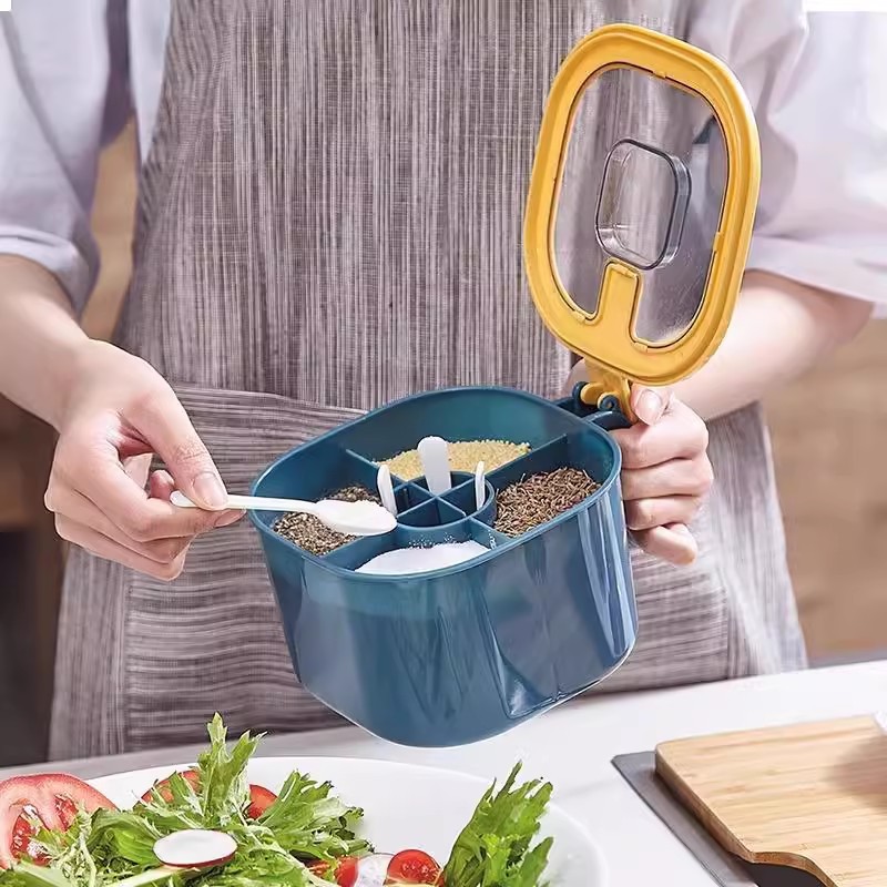Juego de caja de condimento de cuerpo cuatro en uno de tanque de sal Combinación de azúcar MSG Cocina doméstica Caja de condimento a prueba de humedad de gran capacidad